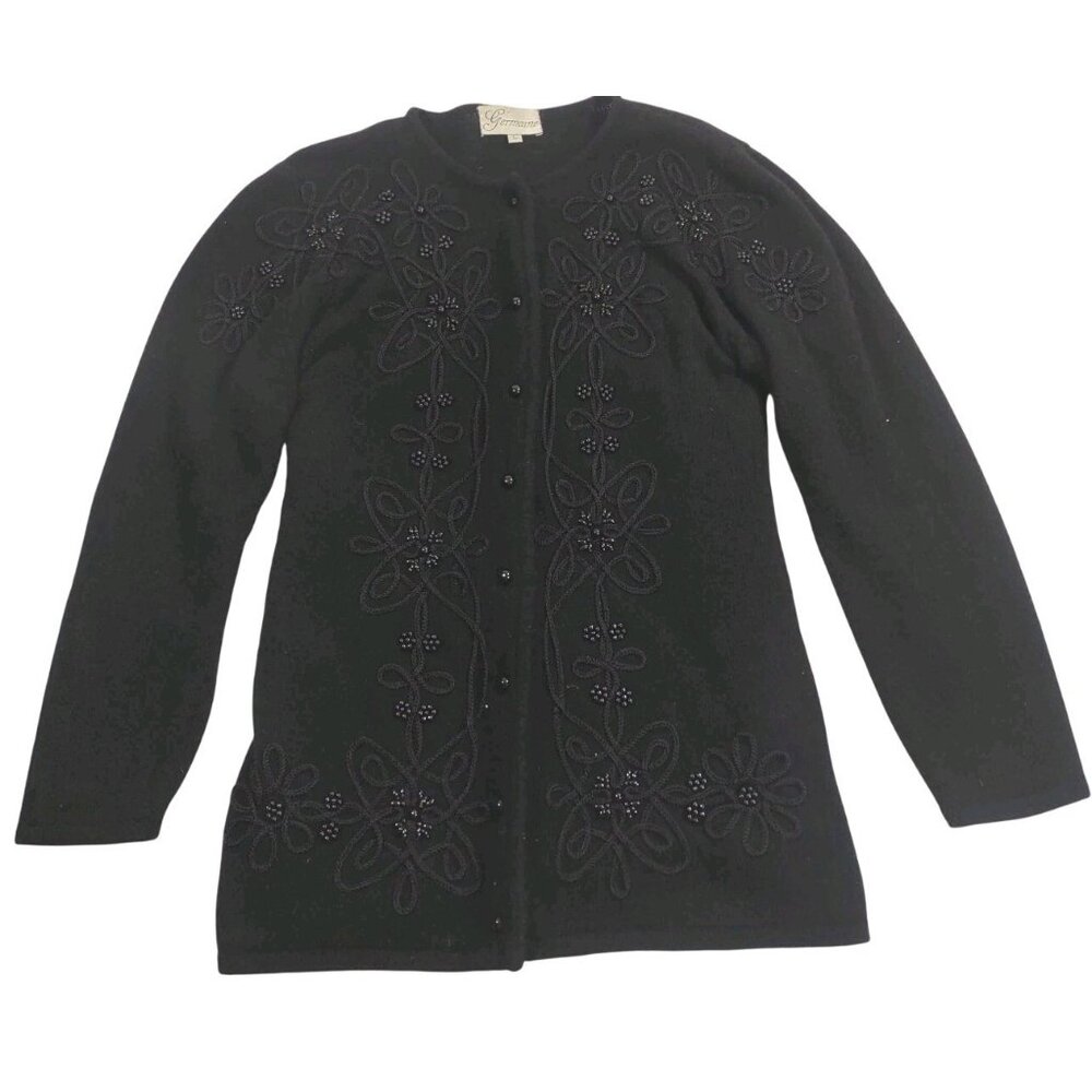 VTG Germaine Women's Beaded Embellished Black Cardigan Jacket Lambswool Angora L